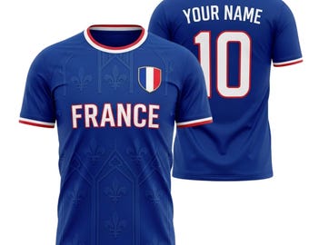 Camiseta de fútbol de Francia personalizada con nombre y número, regalo ideal para los aficionados.