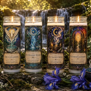 May include: Four tall cylindrical glass candles with lit wicks, each featuring colorful stained-glass style labels. The labels are titled The Cleansing, The Washing Waters, The Sacred Smoke, and The Threshold Crossing, with detailed illustrations of a dove, waterfall, incense, and a glowing doorway.