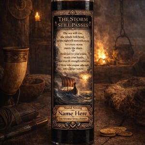 Könnte beinhalten: Eine schwarze Kerze mit einer brennenden Flamme, mit dem Text "THE STORM STILL PASSES" und inspirierenden Versen. Das Etikett enthält eine Wikingerschiff-Illustration. Die Kerze befindet sich in einem Glas, mit einer dunklen, rustikalen Ästhetik.