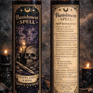 Op de afbeelding: Twee hoge cilindrische glazen kaarsen met zwarte was en brandende lonten. De linkerkaars toont een schedel, een dolk en de tekst Banishment SPELL REMOVE, EXPEL & REPEL. De rechterkaars bevat gedetailleerde instructies en tekst.