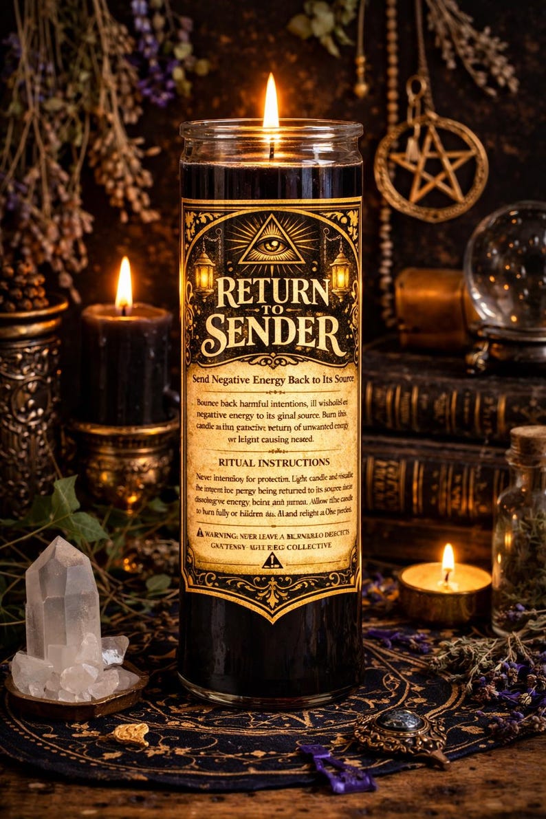 May include: A lit black Return to Sender candle with a gold label. The label has an eye symbol and text. The candle is surrounded by other candles, crystals, and mystical items, creating a spiritual ambiance.