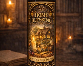 May include: A black pillar candle with a lit wick, featuring a gold-bordered label that reads HOME BLESSING and PROTECTION PEACE PROSPERITY. The label depicts a cottage, a candle, a cauldron, and a pentagram symbol in a detailed illustration.