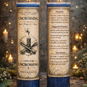 Könnte beinhalten: Zwei brennende, blaue Ritualkerzen in Glasbehältern. Die Etiketten tragen die Aufschrift "Uncrossing" und enthalten Text über den Zweck und die empfohlene Praxis. Die Kerzen werden zum Entkreuzen und Reinigen verwendet.