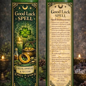 May include: Two green glass candles with gold accents and the words "Good Luck Spell." One candle features a four-leaf clover, horseshoe, and pot of gold. The other has spell instructions.