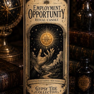 May include: A tall glass ritual candle with a lit wick, featuring a label with the text Employment Opportunity Ritual Candle, a hand reaching toward a glowing star, and the text New Paths New Purpose New Possibilities and Gypsy Tide Collective.