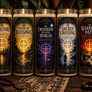 Puede incluir: Cinco velas cilíndricas de vidrio con mechas encendidas, cada una con una etiqueta única de Kongo Spiritual Traditions. Las etiquetas muestran títulos como The Ancestors, The Path of Blessings, The Crossroads Between Worlds, The Sacred Crossing y The Warrior's Path, con ilustraciones y símbolos intrincados.