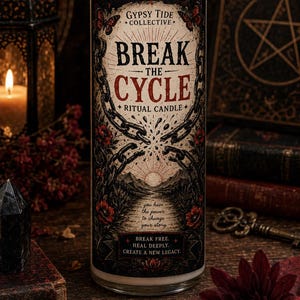 May include: A tall, clear glass pillar candle with a lit wick. The label features the text "GYPSY TIDE COLLECTIVE", "BREAK THE CYCLE", "RITUAL CANDLE", "you have the power to change your story", and "BREAK FREE. HEAL DEEPLY. CREATE A NEW LEGACY."