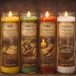 May include: Four lit glass candles with labels reading "AIR", "EARTH", "FIRE", and "WATER". Each candle has a different colour and image. The text on the labels includes phrases like "Speak in Your Favour" and "Hold the Line".