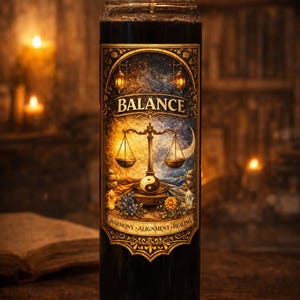 Könnte beinhalten: Eine brennende schwarze Kerze. Das Etikett zeigt das Wort "BALANCE" über einer Illustration von Waagen, einem Yin-Yang-Symbol und den Worten "Harmony, Alignment, Healing". Die Kerze steht vor einem verschwommenen Hintergrund.