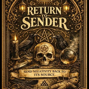May include: A gothic-themed illustration with a skull, ravens, a crystal ball, and a voodoo doll. The text reads "RETURN TO SENDER" and "SEND NEGATIVITY BACK TO ITS SOURCE". The image is predominantly gold and black in color.