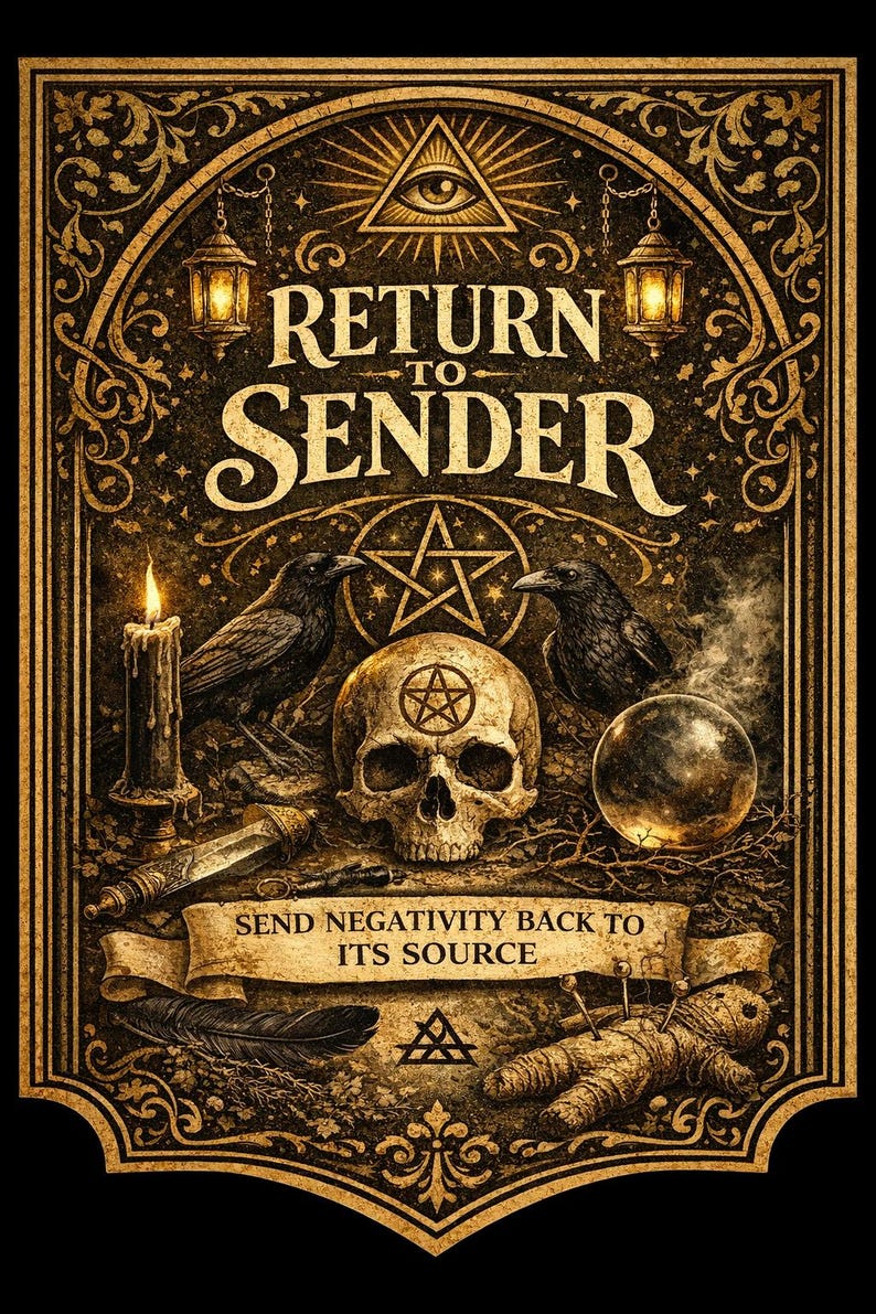 May include: A gothic-themed illustration with a skull, ravens, a crystal ball, and a voodoo doll. The text reads "RETURN TO SENDER" and "SEND NEGATIVITY BACK TO ITS SOURCE". The image is predominantly gold and black in color.