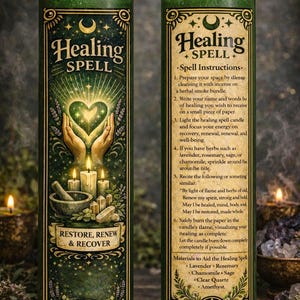 May include: Two green glass candles with the words "Healing Spell" and "Restore, Renew & Recover" printed on them. The candles have illustrations of hands, a heart, and herbs. One candle has spell instructions.