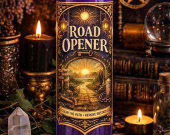May include: A tall purple pillar candle in a clear glass jar with a lit wick. The label features a sun, a landscape with a path, and the text ROAD OPENER, CLEAR THE PATH, REMOVE OBSTACLES. The design includes golden lanterns, keys, and chains.