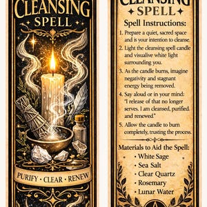May include: Two vertical panels with a mystical theme. The left panel features a lit candle, sage, and crystals, with the words "Cleansing Spell" and "Purify, Clear, Renew." The right panel has spell instructions and a list of materials.
