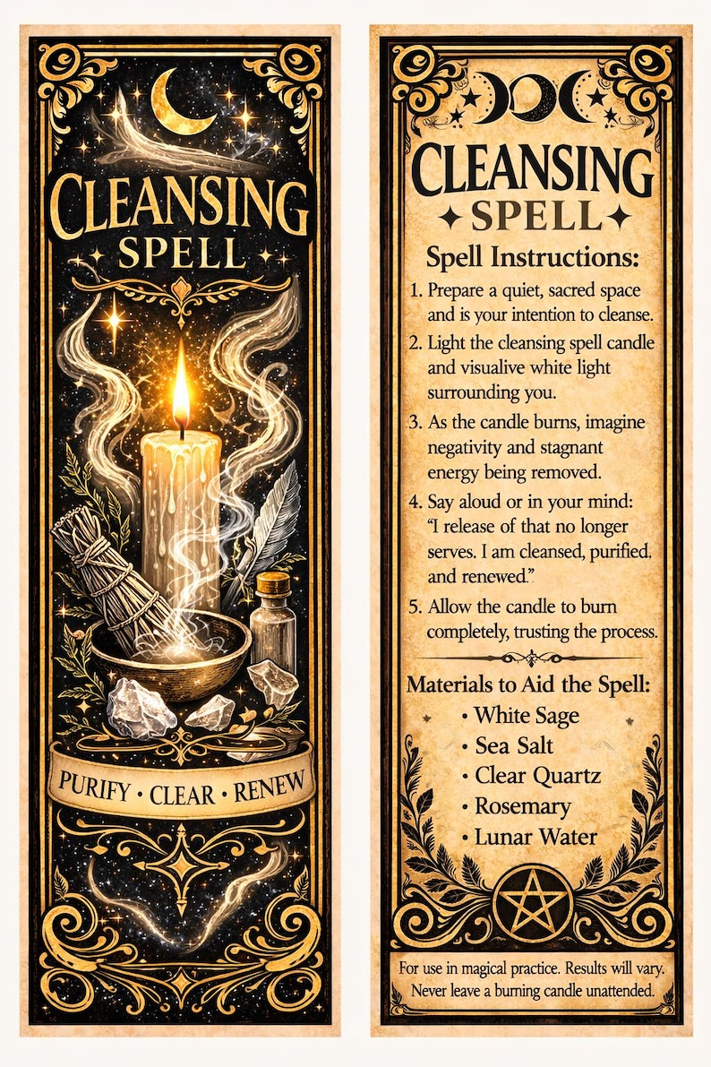 May include: Two vertical panels with a mystical theme. The left panel features a lit candle, sage, and crystals, with the words "Cleansing Spell" and "Purify, Clear, Renew." The right panel has spell instructions and a list of materials.