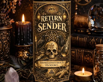 May include: A tall black pillar candle in a glass jar with a gold and black label featuring a skull, two ravens, a pentagram, and the text "RETURN TO SENDER" and "SEND NEGATIVITY BACK TO ITS SOURCE" with an eye symbol at the top.