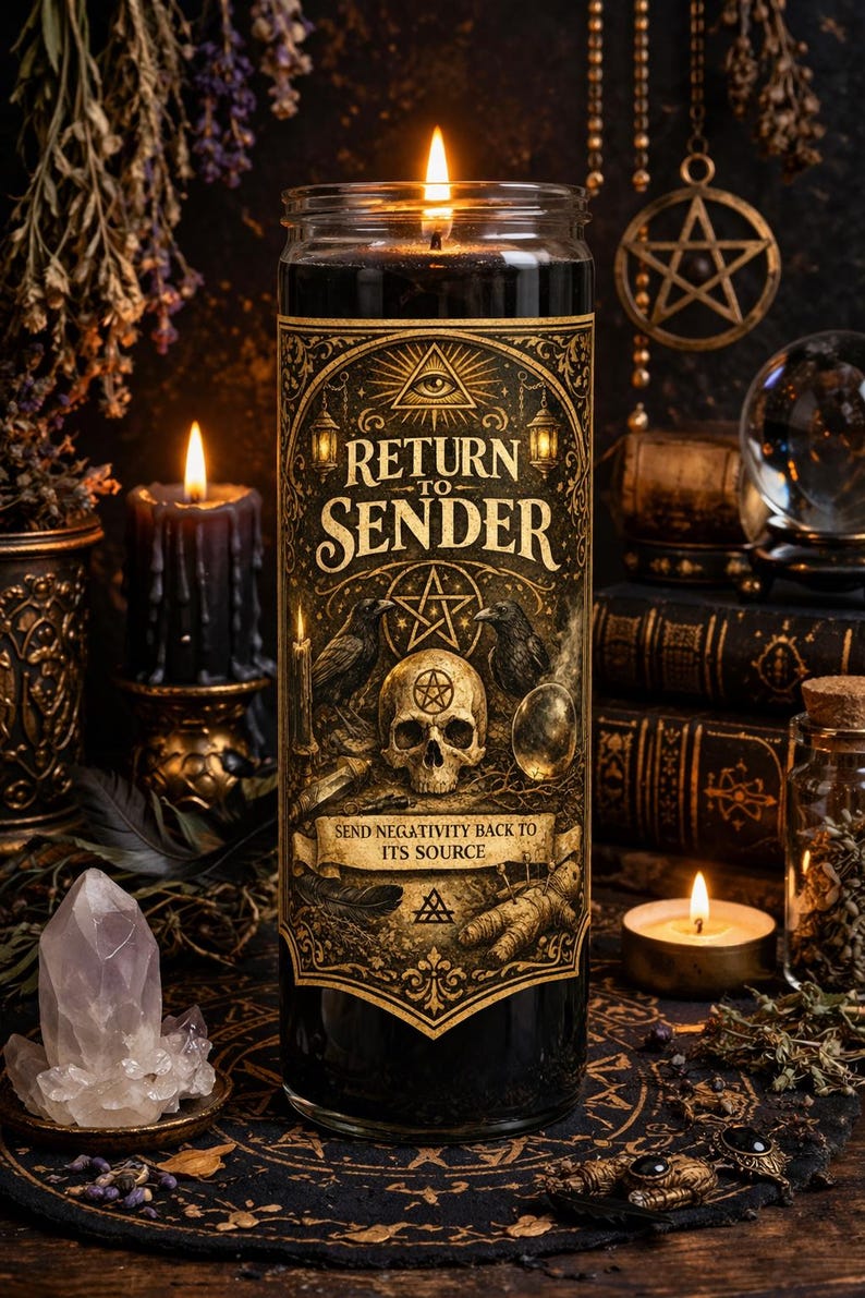 May include: A tall black pillar candle in a glass jar with a gold and black label featuring a skull, two ravens, a pentagram, and the text "RETURN TO SENDER" and "SEND NEGATIVITY BACK TO ITS SOURCE" with an eye symbol at the top.