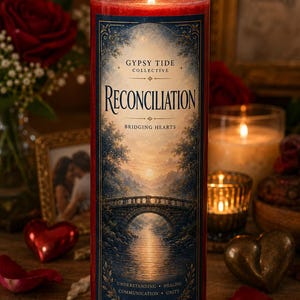 Puede incluir: Una vela cilíndrica alta de cera roja en un frasco de vidrio transparente. La etiqueta presenta una ilustración de un paisaje con un puente de piedra sobre un río al atardecer, con el texto "GYPSY TIDE COLLECTIVE RECONCILIATION BRIDGING HEARTS UNDERSTANDING HEALING COMMUNICATION UNITY RITUAL PRAYER CANDLE."