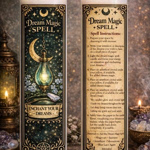 May include: Two lit, glass pillar candles with the text "Dream Magic Spell" and instructions. The candles have a dark blue and gold design with a crescent moon and a hanging lantern. The text "Enchant Your Dreams" is also visible.
