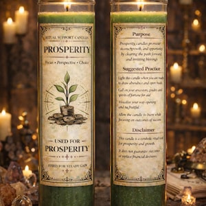 May include: Two lit green ritual support candles labeled "Prosperity." The candles have a botanical illustration and text. The text includes "Focus, Perspective, Choice" and "Used for Prosperity."
