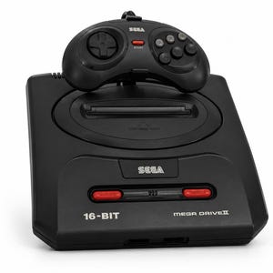 Op de afbeelding: Zwarte Sega Mega Drive II-console met bijpassende controller. De console heeft rode knoppen en de tekst "16-BIT". De controller staat bovenop de console.