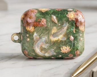 Koi Fish Floral AirPods Case, Jade Green Pond Artwork (Printed Cover)