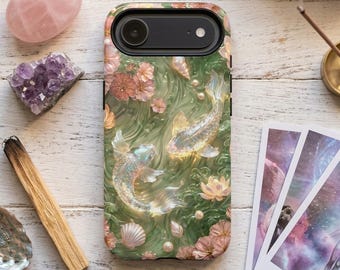Koi Fish Phone Case, Jade Green Floral Japanese Design for iPhone 18 Pro Max