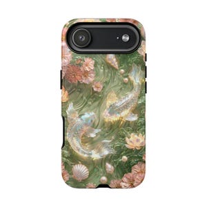 Rear view of a green floral koi fish phone case with black raised edges and a horizontal camera opening on a white background.