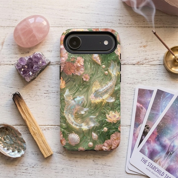 Koi Fish Phone Case: Green Floral Jade Cover for iPhone, Samsung & Pixel