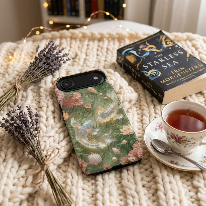 Green floral koi fish phone case on a cream knitted blanket beside a cup of tea, dried flowers and a closed book.