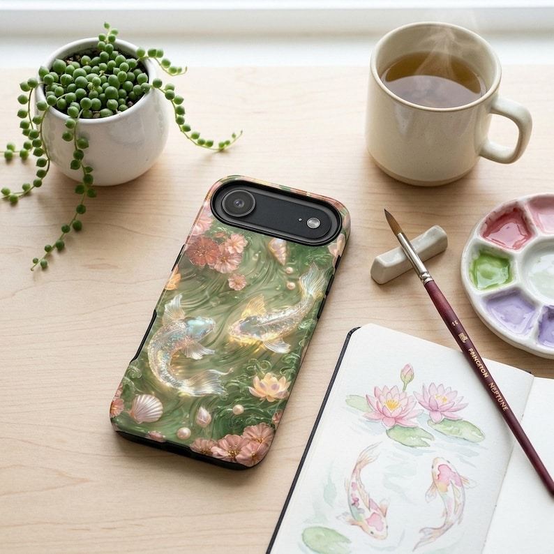 Green koi fish phone case on a white desk beside a potted plant, ceramic mug, watercolor palette, paintbrush and floral sketchbook.
