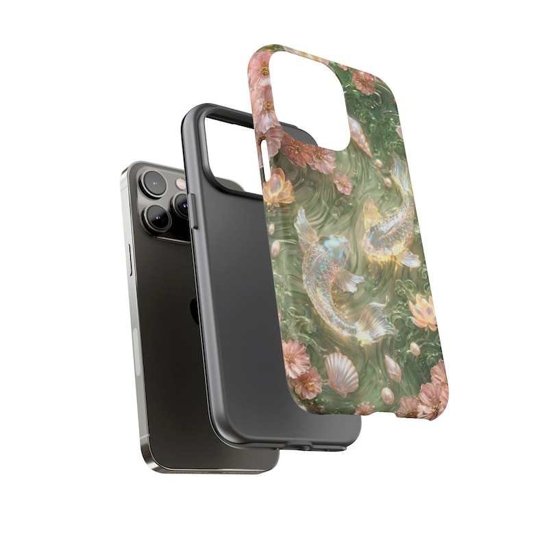 Exploded product view of the green floral koi fish phone case, showing the printed outer shell separated from the black inner layer and fitted frame.