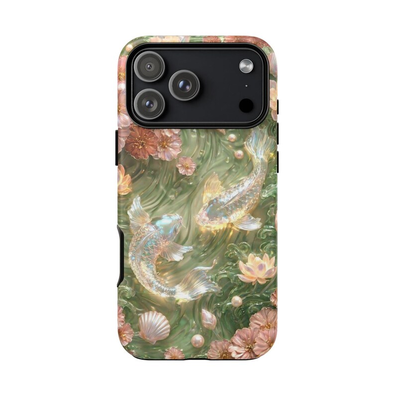 Rear product view of a green floral koi fish phone case with a wide black camera opening on a plain white background.
