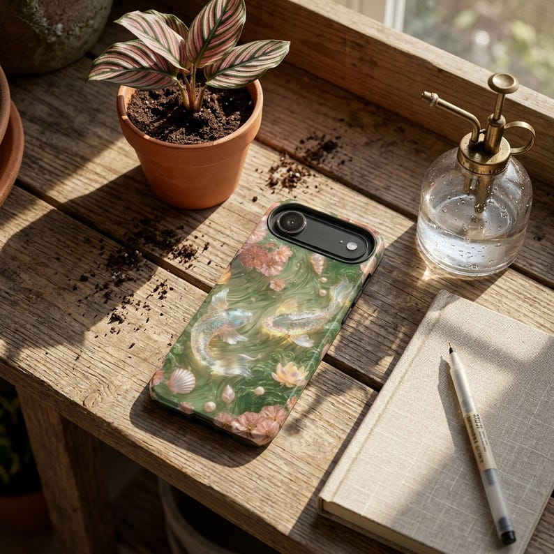 Green koi fish phone case on a rustic wood table beside a small potted plant, open notebook, pen and clear glass bottle.