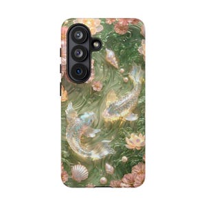 Centered rear product view of a green floral koi fish phone case with a vertical multi-lens camera opening on white.