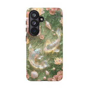 Rear product view of a green floral koi fish Samsung phone case with individual camera openings on a plain white background.
