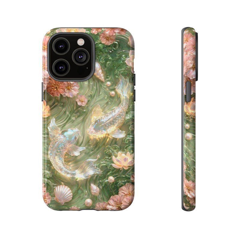 Rear and side product views of the green floral koi fish phone case, showing the printed back, raised camera edge and slim profile.