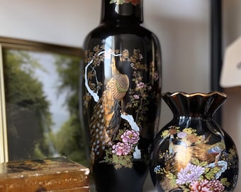 Vintage-Vasen mit Pfauenmotiv, 2er-Set | Blumen- und Vogeldekor | Dekorative Vasen im Chinoiserie-Stil