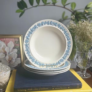 May include: A stack of four white ceramic bowls featuring a raised light blue relief pattern of grapevines and leaves along the rim. The bowls are circular with a smooth, glossy finish and are displayed on top of two stacked hardcover books.