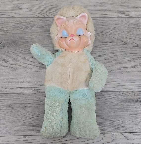 Vintage Rushton Star Creation Pouty Cat Plush - Rare Blue 1950s Rubber Face Kitty - Sleepy Eye Stuffed Animal - Retro MCM Kitsch Toy
