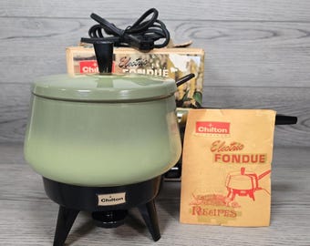 Vtg Chilton Electric Fondue Pot Set Model 92 - 48 Avocado Green 2 Qt USA - Works