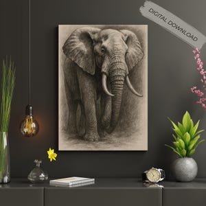 Majestic Elephant Charcoal Drawing | African Wildlife Wall Art | Black and White Safari Poster | Printable Animal Art Download