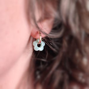 Gold or silver hoop earrings with a water green flower pearl – Lightweight costume jewelry – Gift idea for women