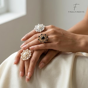 Floral Pearl Statement Ring – Vintage Inspired Filigree Flower Ring, Elegant Bridal & Evening Jewellery