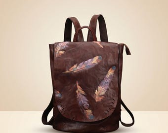 Handgefertigte Leder Feder Rucksack, Vintage Boho Leder Rucksack, Damen Alltag Rucksack, Handwerker Ledertasche, Reise Daypack Geschenk