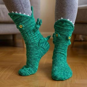Cozy Hand-Knit Dinosaur Slipper Socks – Fun Green Creature Socks with Plush Details