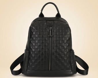 Black Leather Backpack for Women, Elegant Mini Backpack Purse, Checkered Front Design, Fashion Travel Daypack, Convertible Shoulder Bag Gift