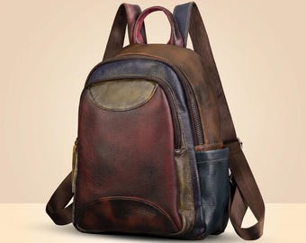 Vintage Patchwork Leather Backpack, Handmade Multicolor Leather Rucksack, Women's Travel Backpack, Everyday School Bag, Boho Leather Daypack