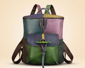 Bunter Patchwork Leder Rucksack, Handgefertigter Echtleder Rucksack, Boho Reise Laptop Tasche, Einzigartiges Handwerker Geschenk für Frauen