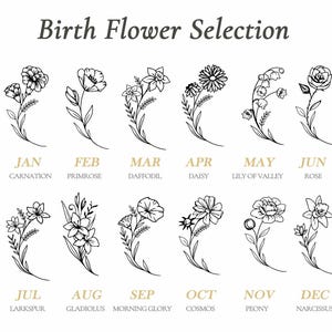 May include: A white graphic featuring 12 line-drawn flowers, each representing a birth month. The months are labeled with their corresponding flowers, such as January's Carnation and June's Rose. The text "Birth Flower Selection" is at the top.